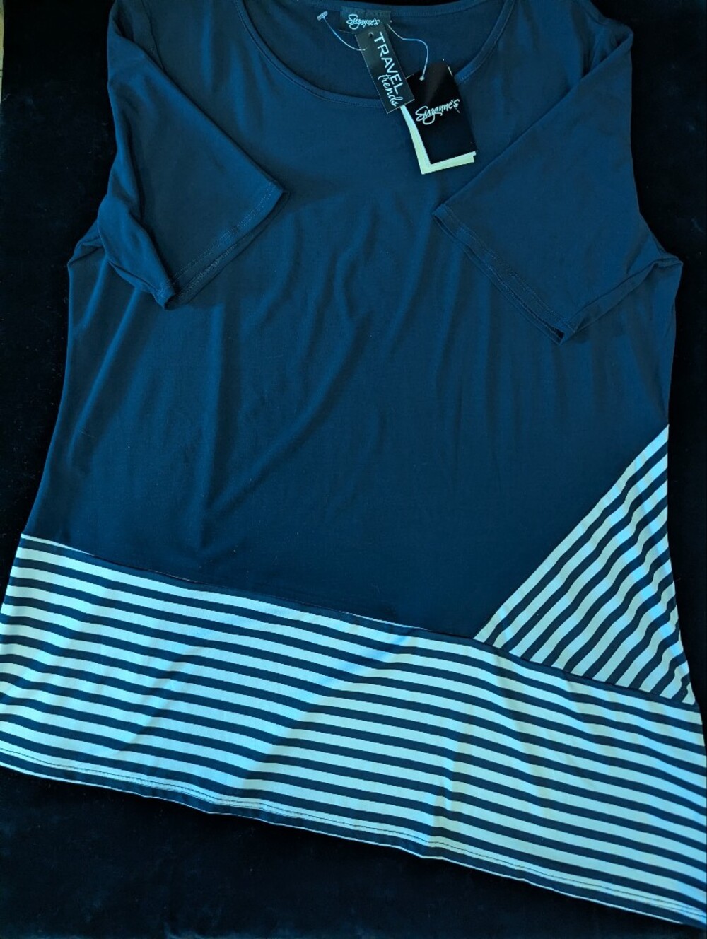 NWT Canadian Made Short Sleeve Crew Neck Blouse with Striped Hem